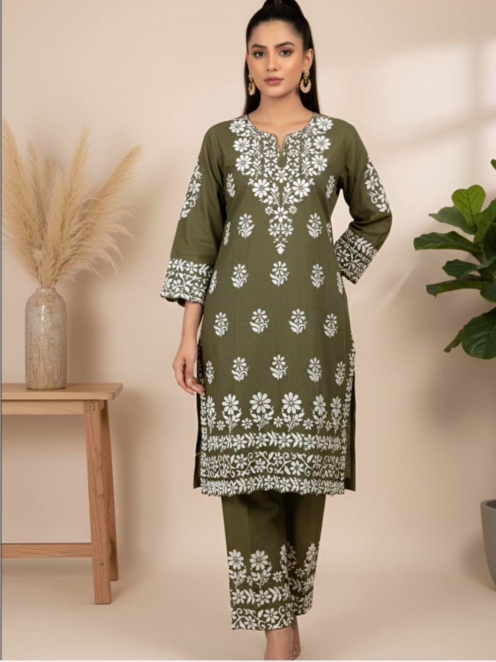 Olive Green Embroidered Kurta Set - Women Pants & top Shalwar Kameez M